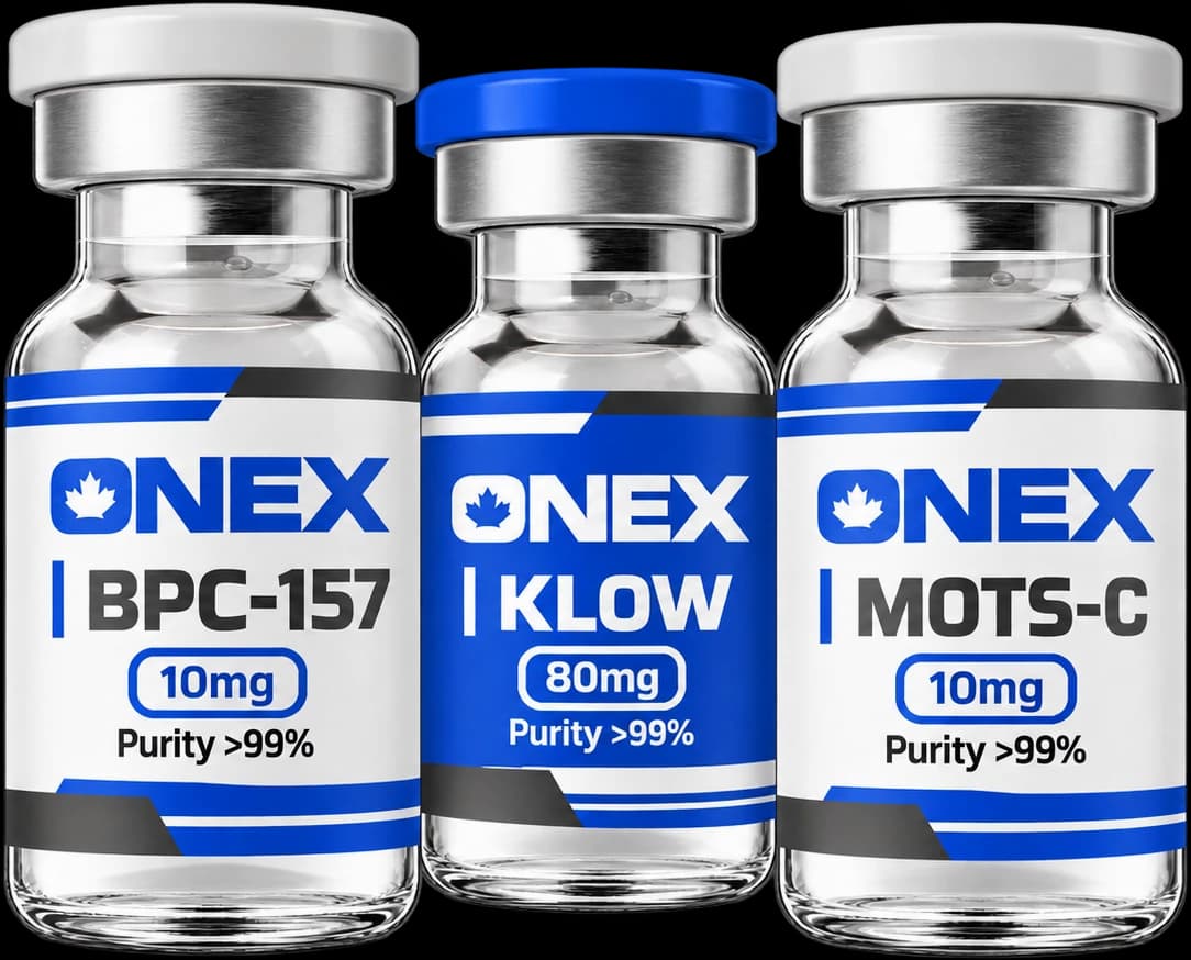 Onex Peptides vials of BPC-157, KLOW and MOTS-C, each labelled >99% purity