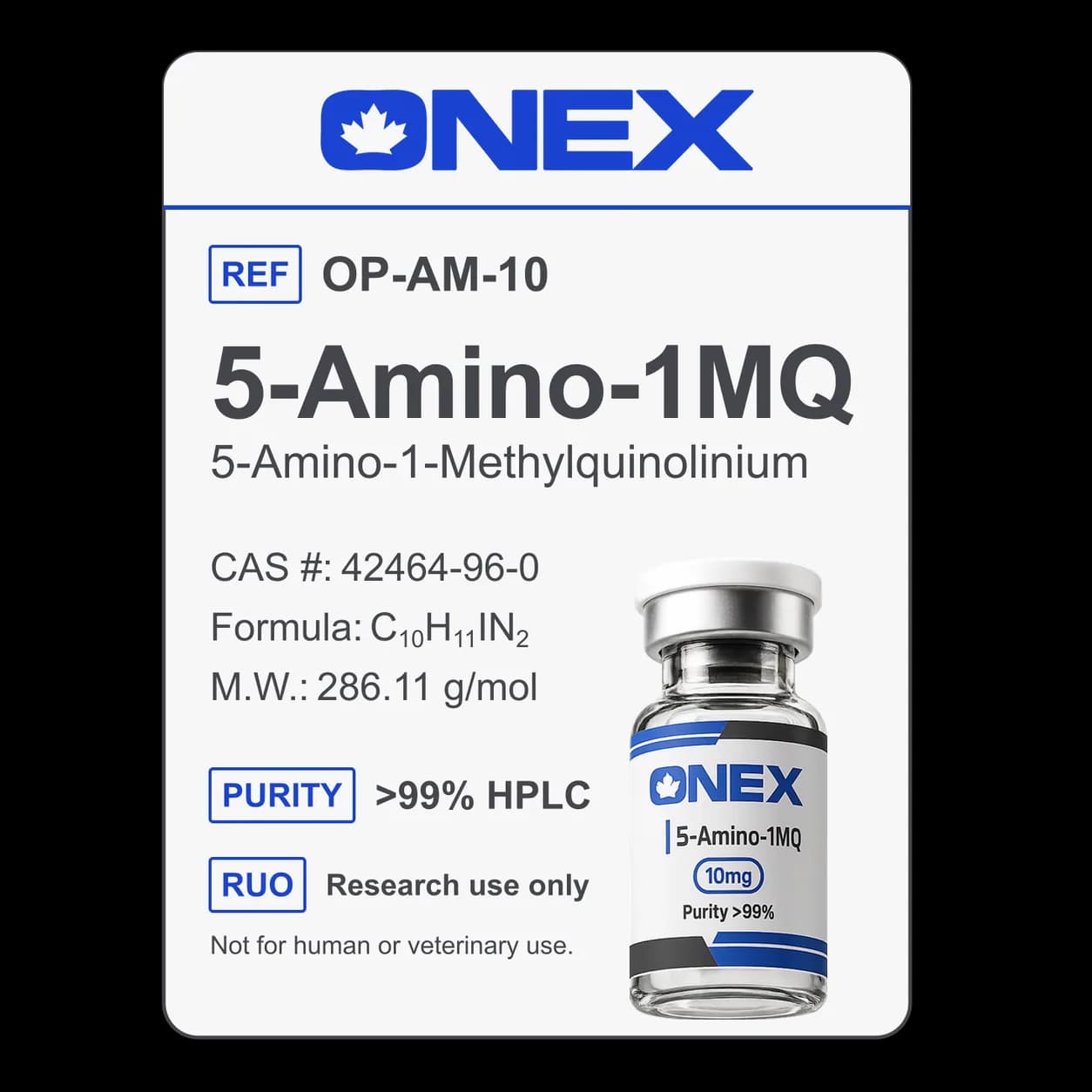 5-Amino-1MQ 10mg specification card: catalogue reference, CAS number, molecular formula and purity