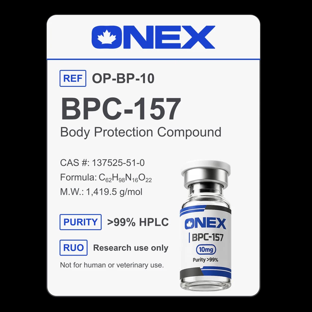 BPC-157 10mg specification card: catalogue reference, CAS number, molecular formula and purity