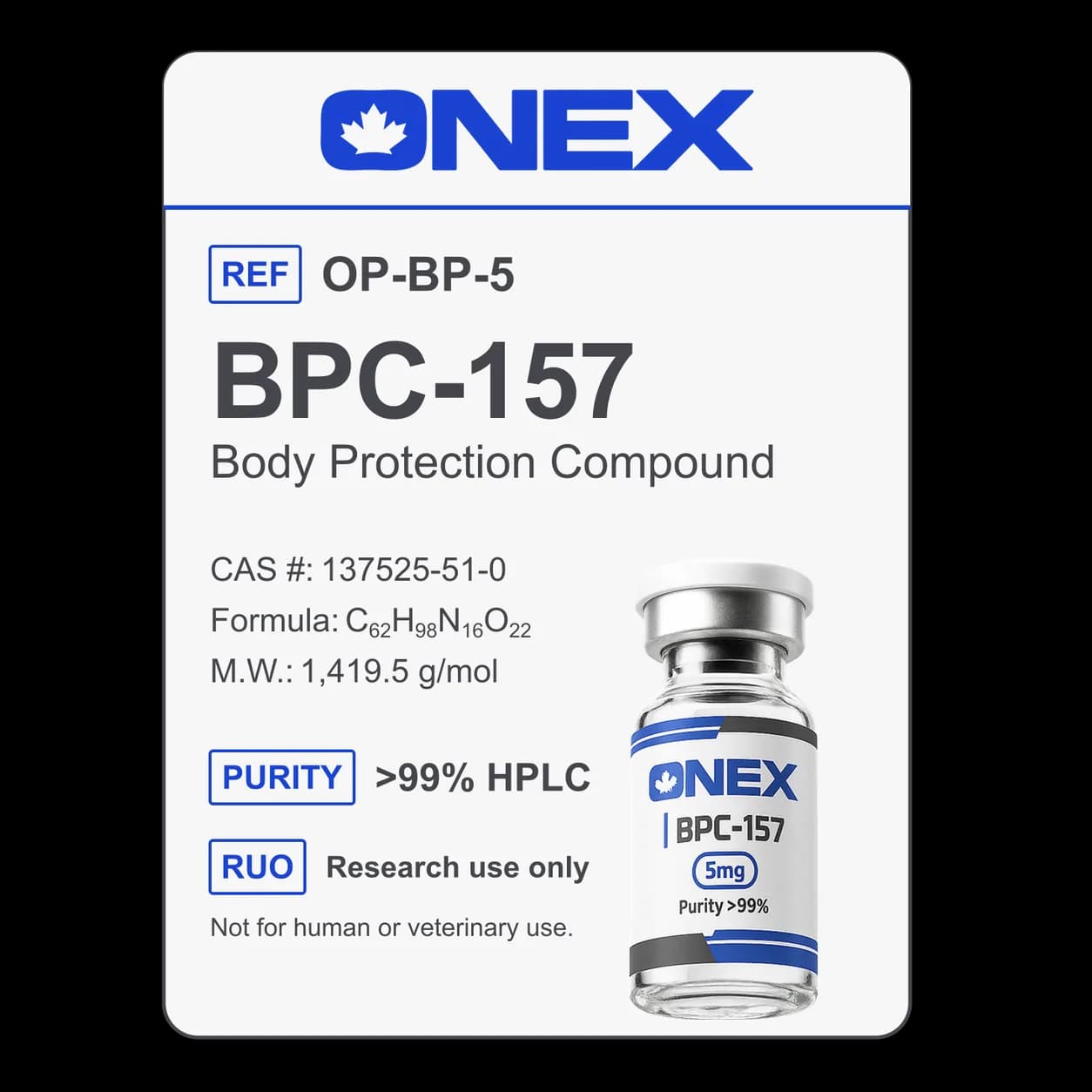 BPC-157 5mg specification card: catalogue reference, CAS number, molecular formula and purity