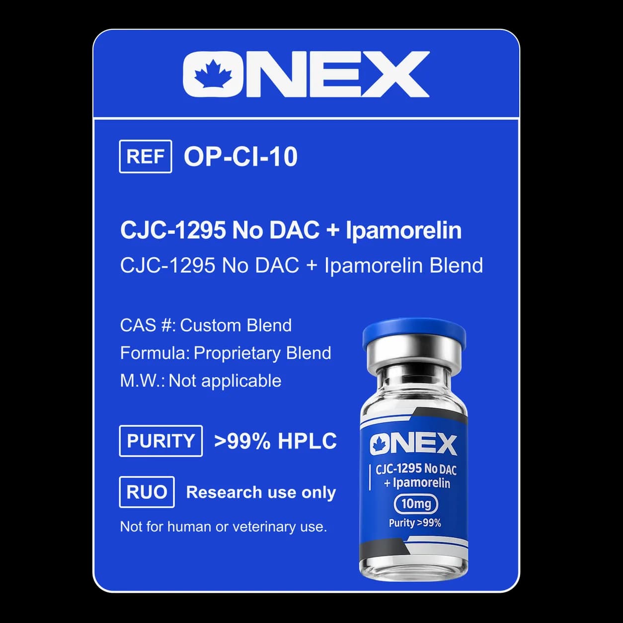CJC-1295 No DAC + Ipamorelin 10mg (5+5) specification card: catalogue reference, CAS number, molecular formula and purity
