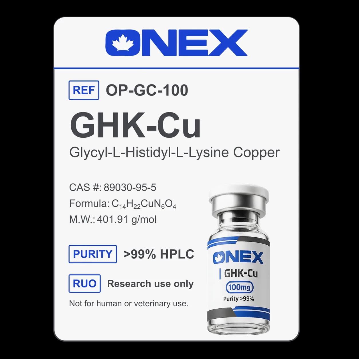 GHK-Cu 100mg specification card: catalogue reference, CAS number, molecular formula and purity