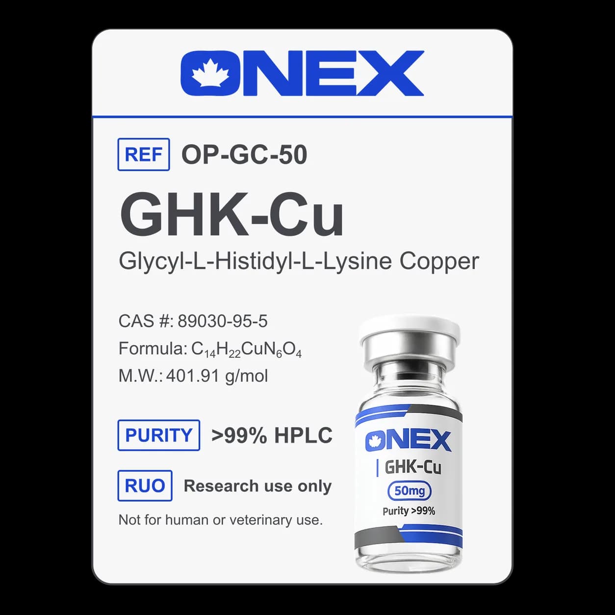 GHK-Cu 50mg specification card: catalogue reference, CAS number, molecular formula and purity