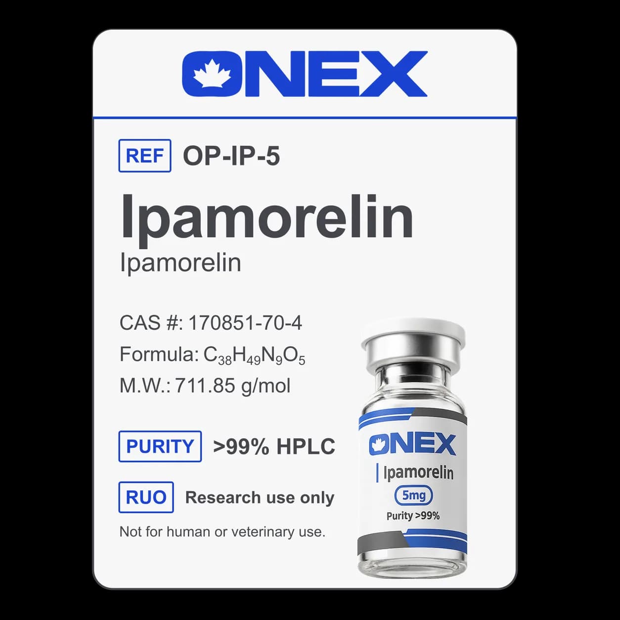 Ipamorelin 5mg specification card: catalogue reference, CAS number, molecular formula and purity
