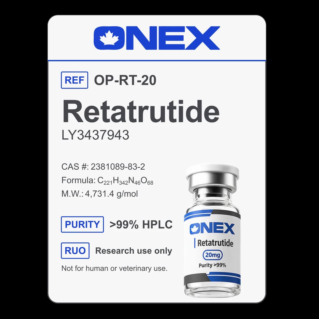 Retatrutide 20mg specification card: catalogue reference, CAS number, molecular formula and purity