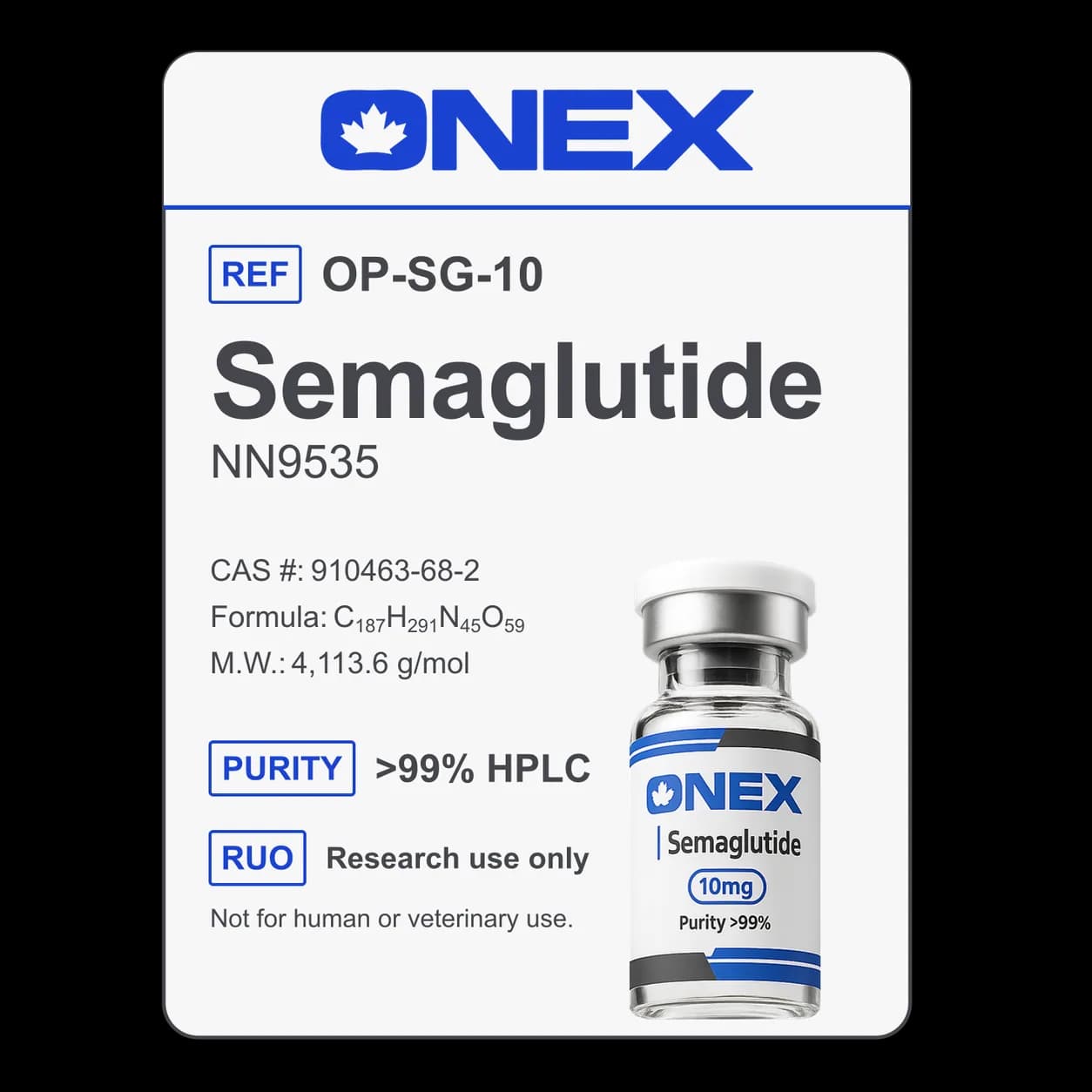 Semaglutide 10mg specification card: catalogue reference, CAS number, molecular formula and purity