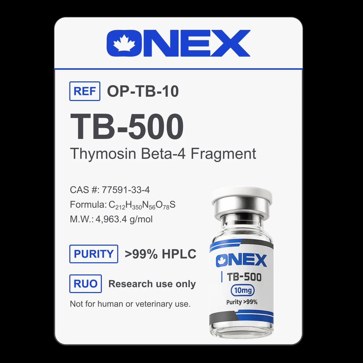 TB-500 10mg specification card: catalogue reference, CAS number, molecular formula and purity