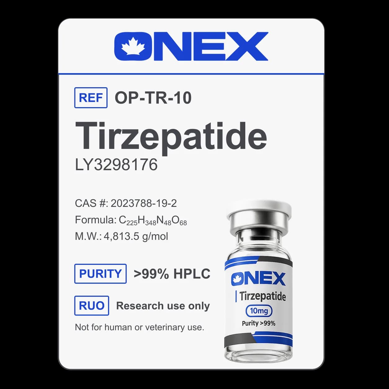 Tirzepatide 10mg specification card: catalogue reference, CAS number, molecular formula and purity